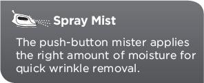 Spray Mist. The push-button mister applies the right amount of moisture for quick winkle removal.